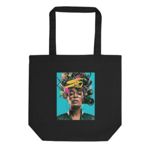 Creative Girl black organic cotton eco tote bag with colorful woman portrait print