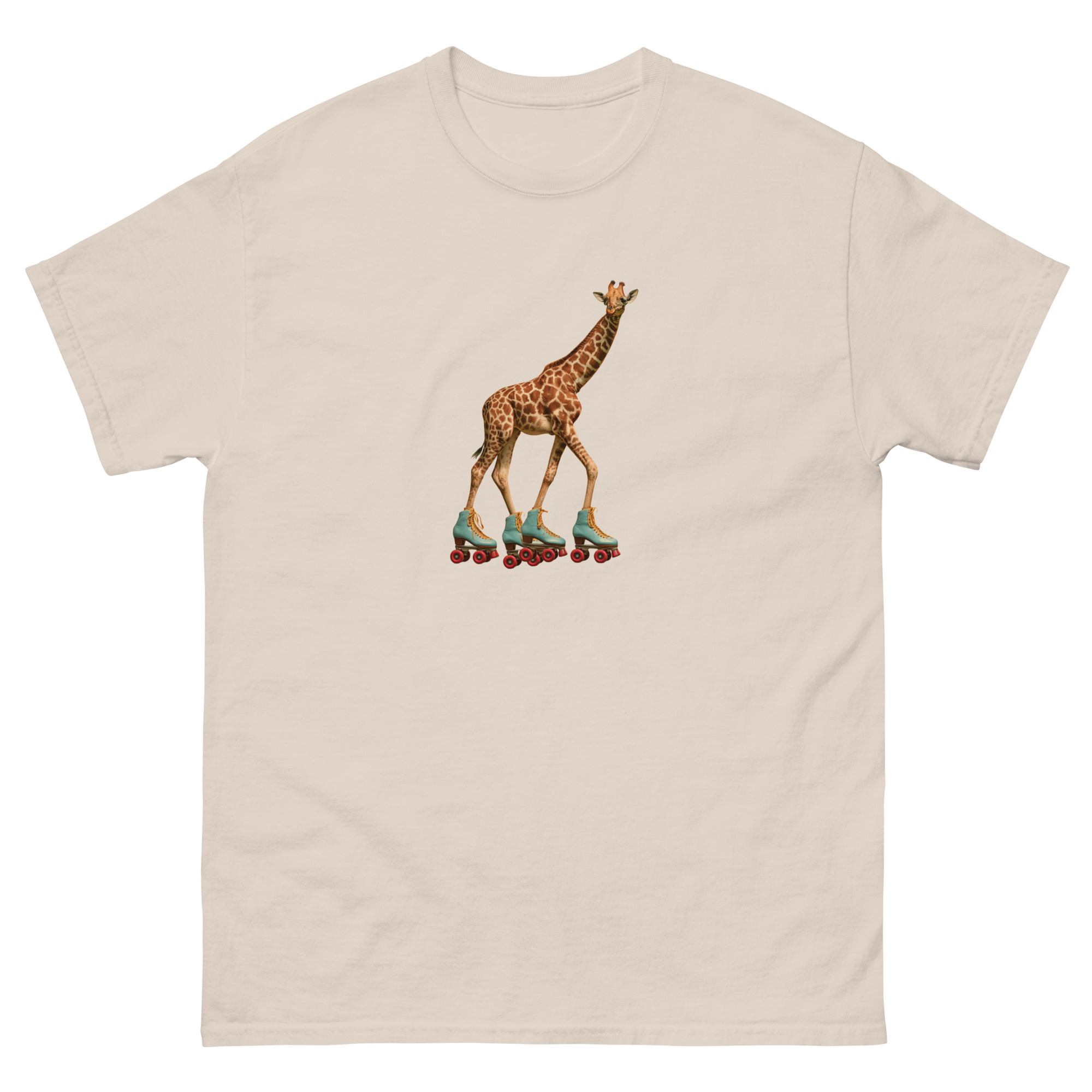 Giraffe Skater unisex classic tee in natural color with skateboarding giraffe graphic print