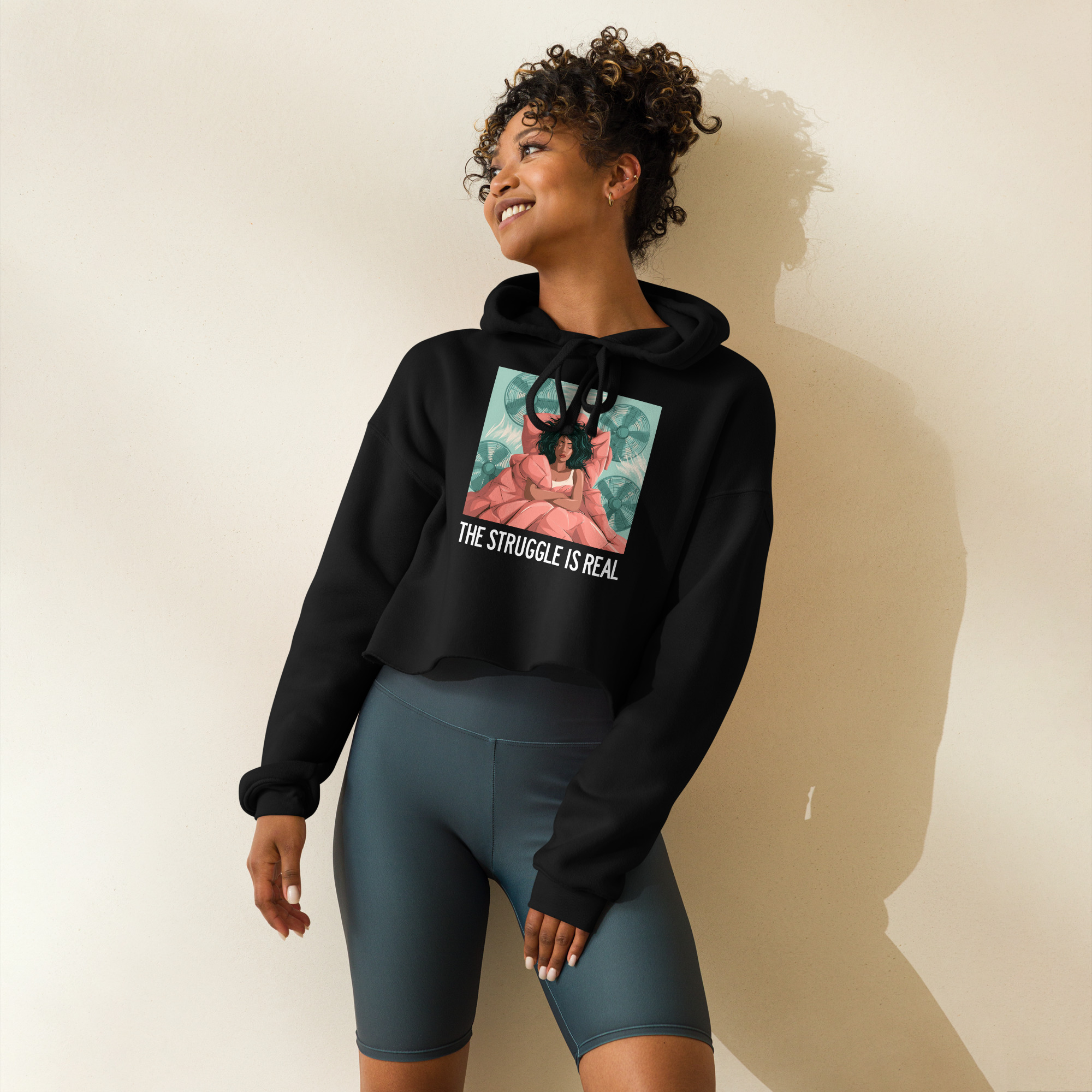 Struggle Is Real black cropped hoodie for women with graphic print design
